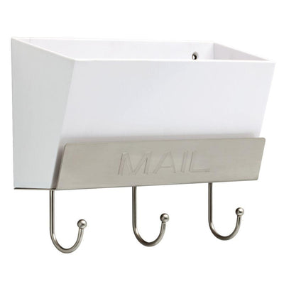 10 in. White and Satin Nickel Classic Mail Holder with Hooks - Super Arbor