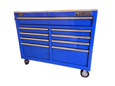 YUKON 46 in. 9 Drawer Mobile Storage Cabinet with Solid Wood Top, Blue - Super Arbor