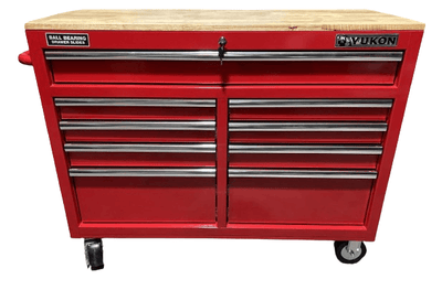 YUKON 46 in. 9 Drawer Mobile Storage Cabinet with Solid Wood Top, Red - Super Arbor