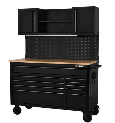 56 in. W x 27.6 in. D 10-Drawer Matte Black Heavy-Duty Mobile Workbench with Pegboard and Top Cabinet - Super Arbor