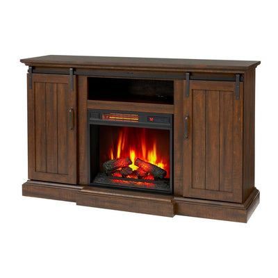 Kerrington 60 in. Freestanding Media Console Electric Fireplace with Barn Door in Rustic Walnut - Super Arbor