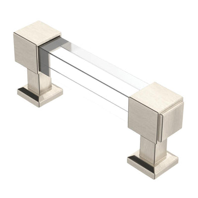 Classic Square 3 in. (76mm) Center-to-Center Classic Satin Nickel and Clear Glass Bar Drawer Pull - Super Arbor