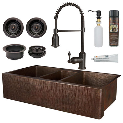 All-in-One Copper 42 in. Triple Bowl Kitchen Farmhouse Apron Front Sink with Spring Faucet in Oil Rubbed Bronze - Super Arbor