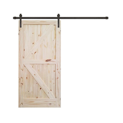 42 in. x 84 in. Rustic Unfinished 2-Panel V-Groove Pine Wood Interior Barn Door with Oil Rubbed Bronze Hardware Kit - Super Arbor