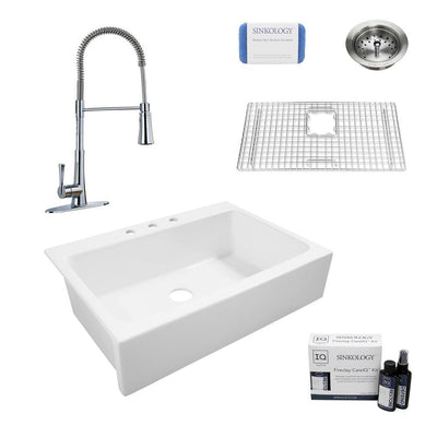 Josephine All-in-One Quick-Fit Farmhouse Fireclay 33.85 in. 3-Hole Single Bowl Kitchen Sink with Pfister Zuri Faucet - Super Arbor