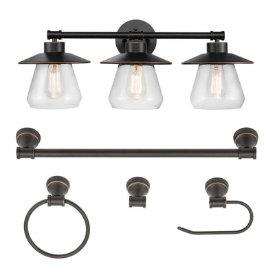 Nate 3-Light Oil Rubbed Bronze Vanity Light With Clear Glass Shades and Bath Set - Super Arbor