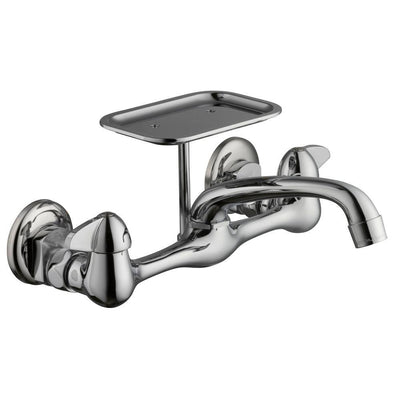 2-Handle Wall-Mount Kitchen Faucet with Soap Dish in Chrome - Super Arbor