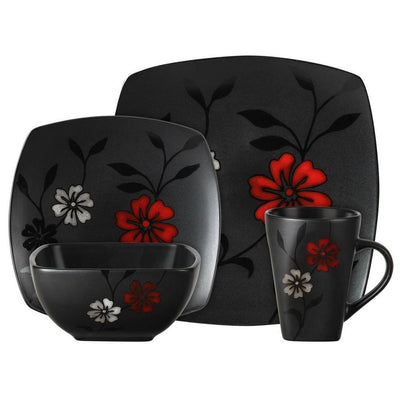 Evening Blossom 16-Piece Casual Black Stoneware Dinnerware Set (Service for 4) - Super Arbor