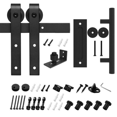 6.6 ft./79 in. Black Steel Strap Sliding Barn Door Track and Hardware Kit with 12 in. Cylinder Handle and Floor Guide - Super Arbor