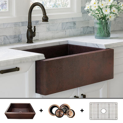 Luxury 33 in. Heavy 12-Gauge Dark Copper Single Bowl Farmhouse Kitchen Sink Flat Front Includes Grid and Flange - Super Arbor