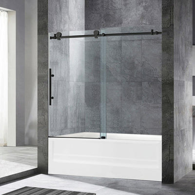 Dilham 56 in. to 60 in. x 62 in. Frameless Sliding Bathtub Door with Shatter Retention Glass in Matte Black - Super Arbor