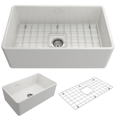 Classico Farmhouse Apron Front Fireclay 30 in. Single Bowl Kitchen Sink with Bottom Grid and Strainer in White - Super Arbor