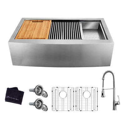 All-in-One Apron-Front Farmhouse Stainless Steel 36 in. 50/50 Double Bowl Workstation Sink with Faucet and Accessories - Super Arbor