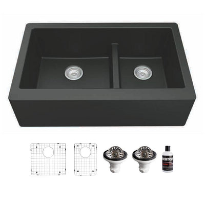 Quartz Composite 34 in. Double Offset Bowl Farmhouse/Apron-Front Kitchen Sink Kit in Black - Super Arbor