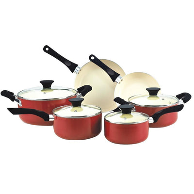 Stay Cool Handle 10-Piece Aluminum Ceramic Nonstick Cookware Set in Red - Super Arbor