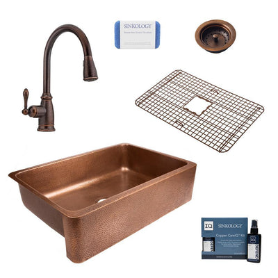 Lange All-in-One Farmhouse Apron Copper Sink 32 in. Single Bowl Kitchen Sink with Pfister Faucet and Drain in Bronze - Super Arbor