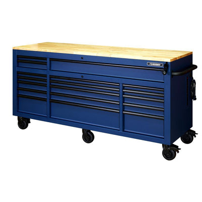 72 in. 18-Drawer Mobile Workbench with Adjustable-Height Solid Wood Top in Matte Blue