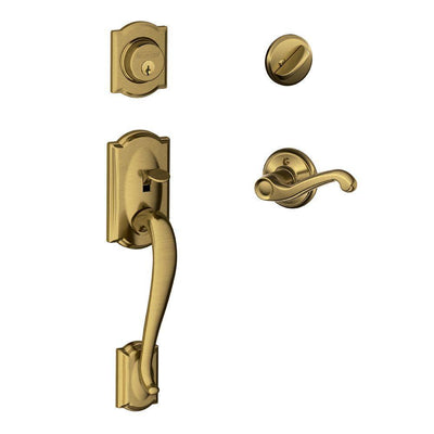 Camelot Antique Brass Single Cylinder Deadbolt with Left Handed Flair Lever Door Handleset - Super Arbor