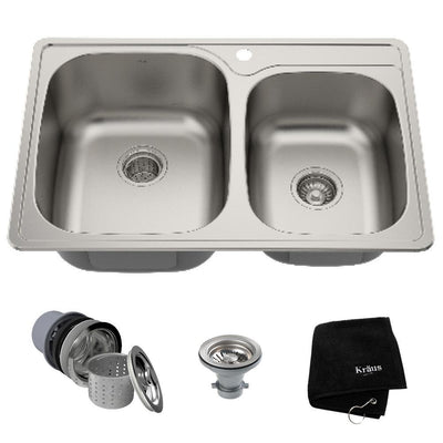 Drop-In Stainless Steel 33 in. 1-Hole 60/40 Double Bowl Kitchen Sink Kit - Super Arbor