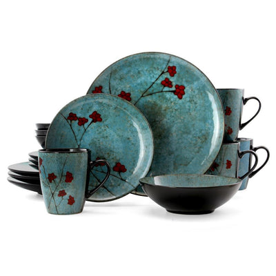 Floral Accents 16-Piece Bohemian Blue Stoneware Dinnerware Set (Service for 4) - Super Arbor