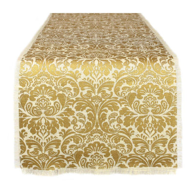 14 in. x 72 in. Gold Damask Print Jute Table Runner - Super Arbor