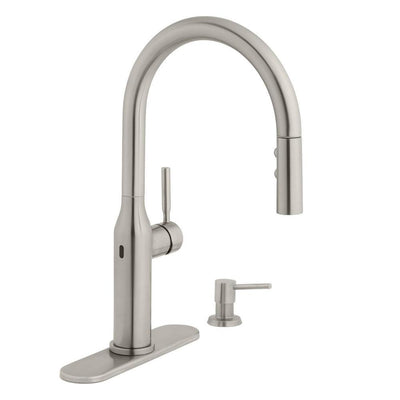 Upson Single-Handle Touchless Pull-Down Kitchen Faucet with TurboSpray and FastMount and Soap Dispenser in Stainless - Super Arbor