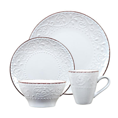 16-Piece Lorren Home Stoneware Scroll Dinnerware Set-White - Super Arbor