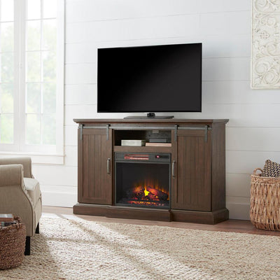 Chastain 56 in. Freestanding Media Console Electric Fireplace TV Stand with Sliding Barn Door in Rustic Walnut - Super Arbor