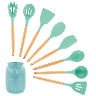 Mint Green Silicone and Wood Cooking Utensils (Set of 9) - Super Arbor