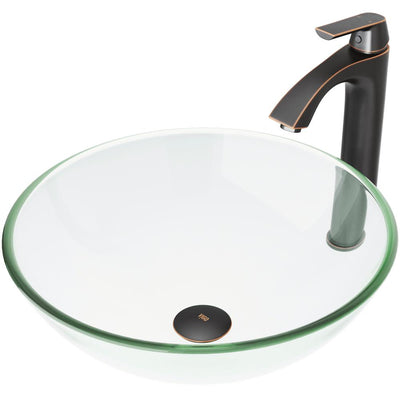 VIGO Glass Vessel Bathroom Sink in Clear Crystalline and Linus Vessel Faucet Set in Antique Rubbed Bronze