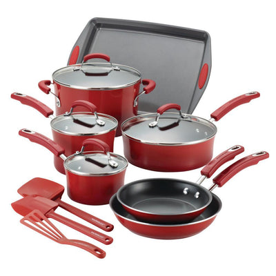 Classic Brights 14-Piece Aluminum Nonstick Cookware Set in Cranberry Red Gradient - Super Arbor