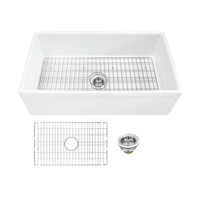 Farmhouse Apron Front Fireclay 33 in. Picture Frame Single Bowl Kitchen Sink in White with Grid and Strainer - Super Arbor