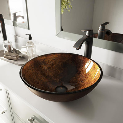 VIGO Glass Vessel Bathroom Sink in Russet and Linus Faucet Set in Antique Rubbed Bronze - Super Arbor