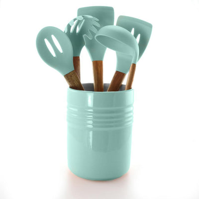 Plaza Cafe 5-Piece Kitchen Tools with Sky Blue Ceramic Crock - Super Arbor