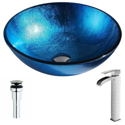 Arc Series Deco-Glass Vessel Sink in Lustrous Light Blue with Key Faucet in Brushed Nickel - Super Arbor