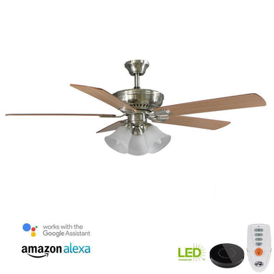 Campbell 52 in. LED Brushed Nickel Ceiling Fan with Light Kit Works with Google Assistant and Alexa