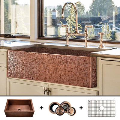 Luxury 33 in. Heavy 12-Gauge Copper Farmhouse Kitchen Sink, Flat Front, Single Bowl, Includes Grid and Flange - Super Arbor