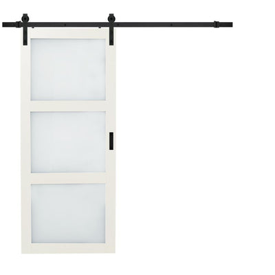 36 in. x 84 in. Bright White Solid Core Frosted 3 Lite Barn Door with Rustic Matte Black Hardware Kit - Super Arbor