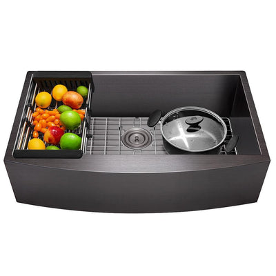 Matte Black Finish Stainless Steel 30 in. x 20 in. Single Bowl Farmhouse Apron Mount Kitchen Sink with Accessories - Super Arbor