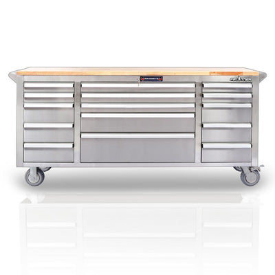 72 in. 15-Drawer Mobile Workbench Tool Chest Cabinet with Wooden Top in Stainless Steel - Super Arbor