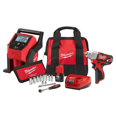 M12 12-Volt Lithium-Ion Cordless 3/8 in. Impact Wrench and Inflator Combo Kit with 3/8 in. Drive Metric Socket Set - Super Arbor