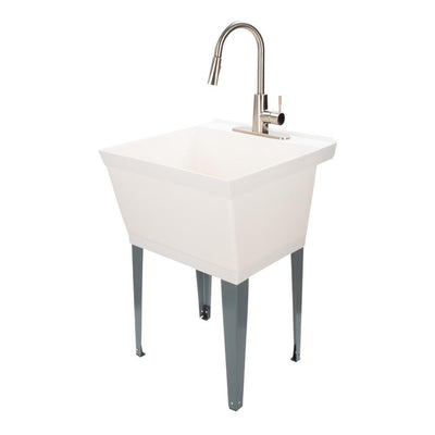 Complete 22.875 in. x 23.5 in. White 19 Gal. Utility Sink Set with Metal Hybrid Stainless Steel Pull-Down Faucet - Super Arbor