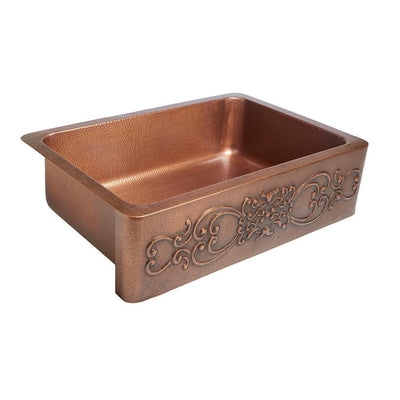 Ganku Farmhouse/Apron-Front Handmade Copper 33 in. Single Bowl Copper Kitchen Sink with Scroll Design - Super Arbor