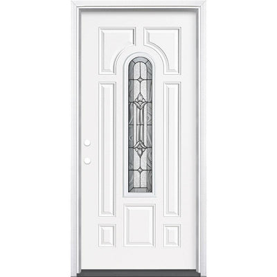 36 in. x 80 in. Providence Center Arch Primed White Right-Hand Inswing Steel Prehung Front Exterior Door with Brickmold - Super Arbor