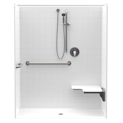 Accessible Smooth Tile AcrlyX 60 in. x 34 in. x 74.9 in. 1-Piece ADA Shower Stall w/ Right Seat and Grab Bars in White - Super Arbor