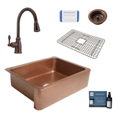 Corbet All-in-One Farmhouse Apron-Front Copper 30 in. Single Bowl Kitchen Sink with Pfister Bronze Faucet and Strainer - Super Arbor