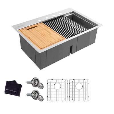 All-in-One Drop-In Stainless Steel 33 in. 4-Hole 50/50 Double Bowl Kitchen Workstation Sink with Accessories - Super Arbor