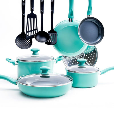 Diamond 13-Piece Aluminum Ceramic Nonstick Cookware Set in Turquoise - Super Arbor