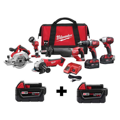 M18 18-Volt Lithium-Ion Cordless Combo Tool Kit (6-Tool) w/ Two Additional 5.0 Ah Batteries - Super Arbor