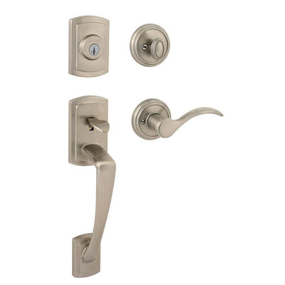 Prestige Nautica Single Cylinder Satin Nickel Exterior Door Handleset with Tobin Door Lever Featuring SmartKey Security